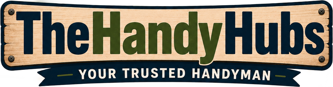 A wooden sign with the text The Handy Hubs in large letters and Your Trusted Handyman below, highlighting reliable repairs. The design combines dark blue, green, and beige colors. , Thousand Oaks Handyman, Westlake Handyman, Oak Park Handyman, Agoura Handyman