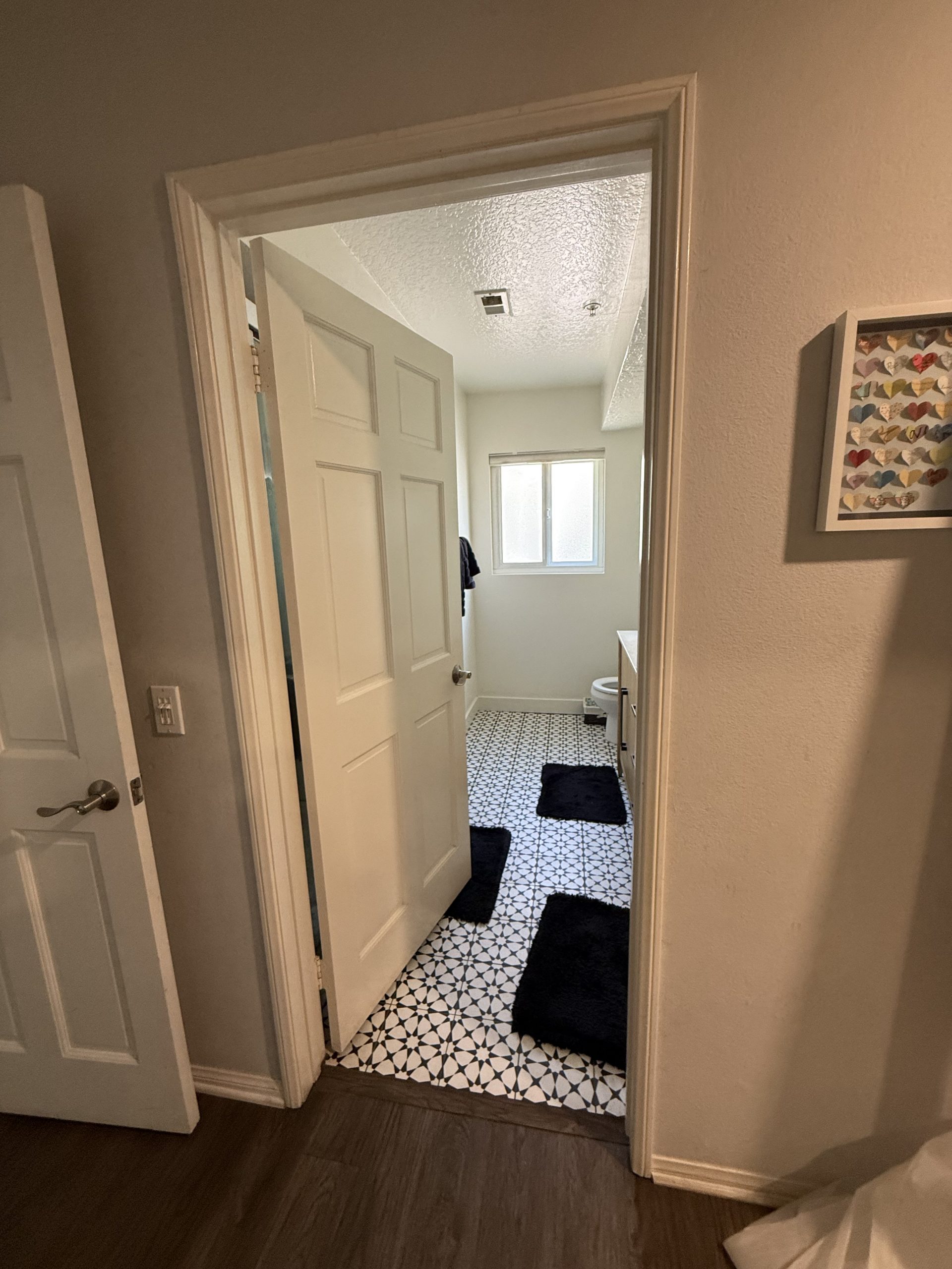 A white bathroom door opens into a small room with patterned tile flooring, black rugs, a window, and a toilet visible near the back wall.
