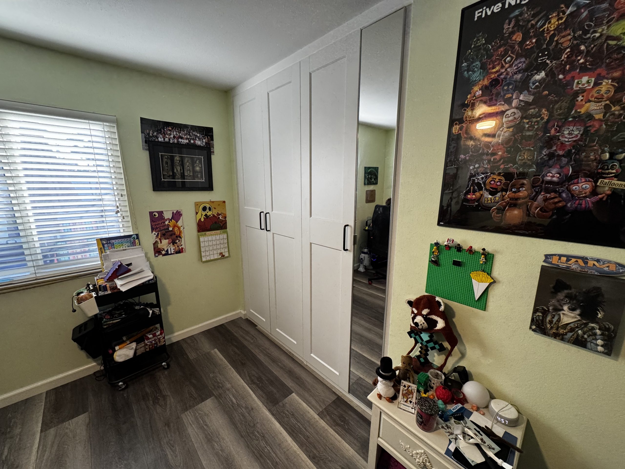 A white closet system with mirrored door stands in a bedroom decorated with gaming posters, wall calendars, and colorful collectibles and wood-look flooring.