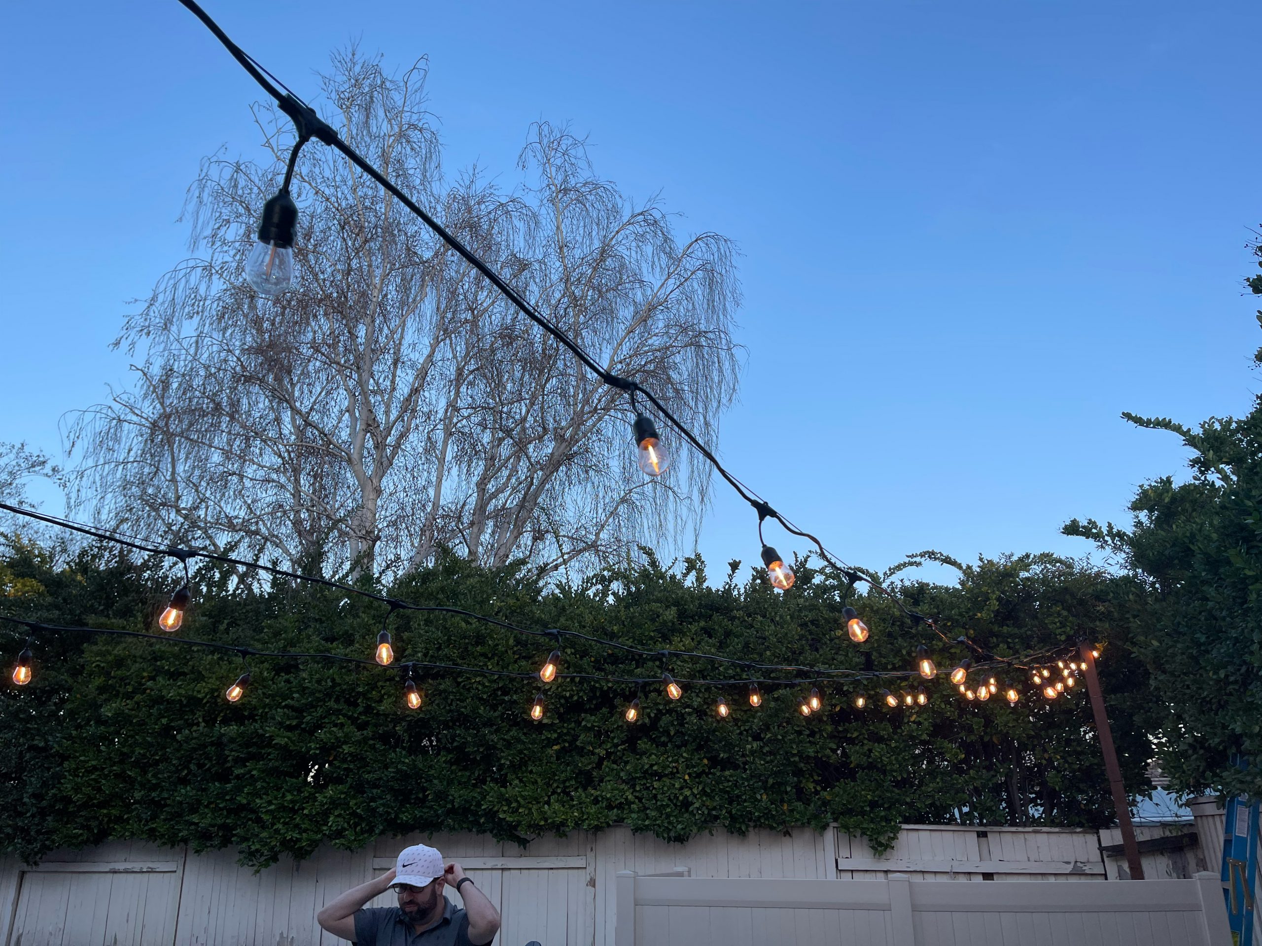 Outdoor scene at dusk featuring The Handy Hubs Recent Work: string lights hanging above a backyard with green hedges, a white fence, and a leafless tree. A person in a white cap stands beneath the glowing lights against the clear blue sky. , Thousand Oaks Handyman, Westlake Handyman, Oak Park Handyman, Agoura Handyman