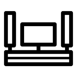 A minimalist home theater icon shows a television centered between two speakers on a stand, matching the home entertainment service section.